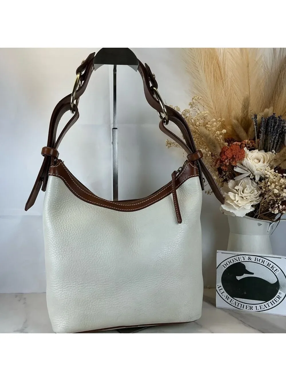 Dooney & Bourke Vintage White Cream and Brown Hobo Shoulder‎ Bag